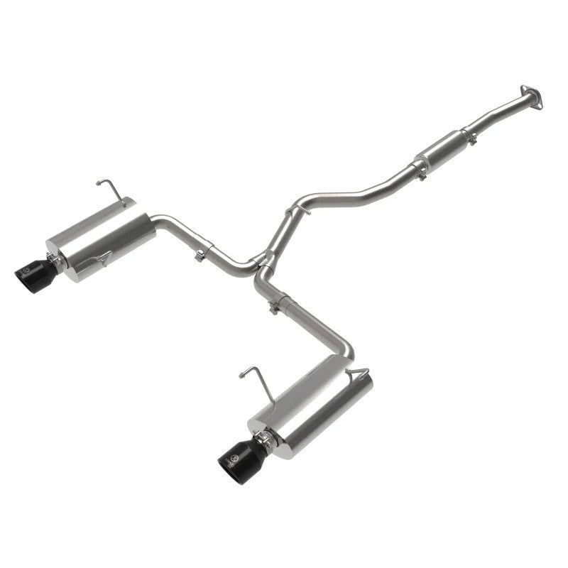 aFe Takeda 304 stainless steel cat-back exhaust system with dual 4-inch black tips and mandrel-bent tubing