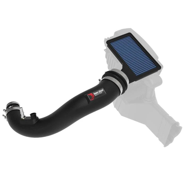 aFe Power Super Stock Induction System featuring a black XLPE intake tube and blue Pro 5R oiled air filter