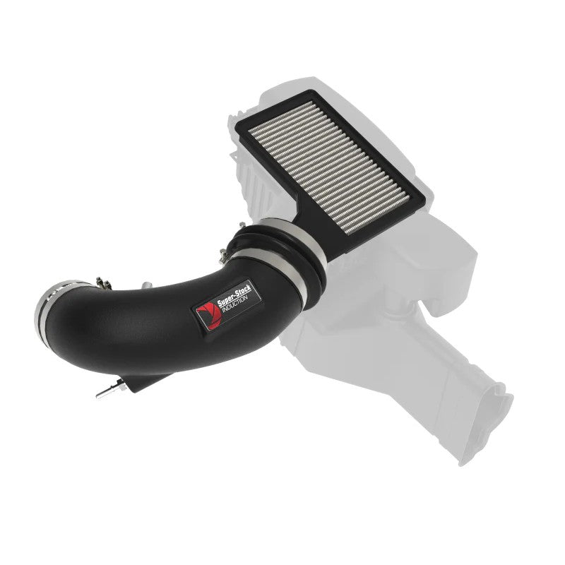 aFe Super Stock Induction System featuring a black XLPE intake tube and blue Pro DRY S oil-free air filter.
