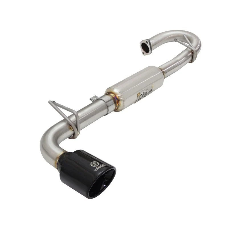 aFe Takeda axle-back exhaust system with stainless steel piping, dual muffler, and black tip for Scion tC