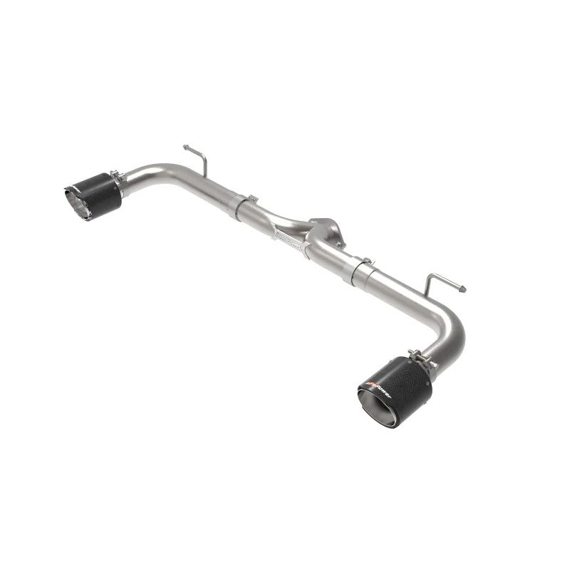 aFe Takeda axle-back exhaust for Mazda 3 with dual 4.5 inch carbon fiber tips and 2.5 inch stainless steel tubing