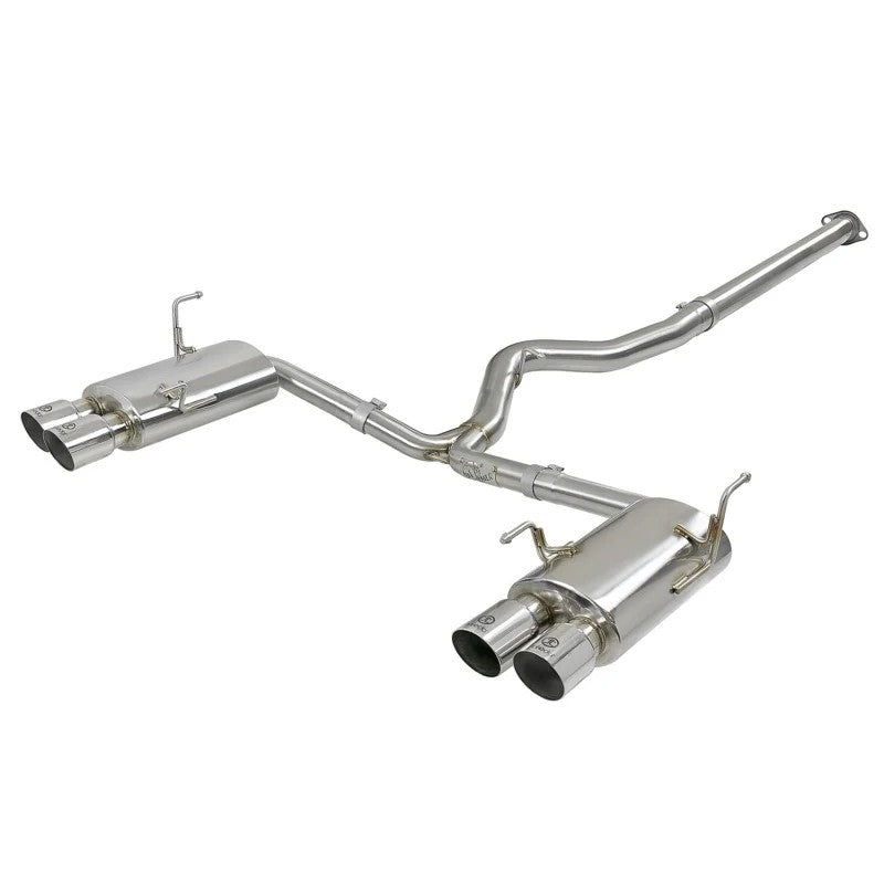 aFe Takeda cat-back exhaust system with 304 stainless steel tubing, dual mufflers, and quad polished tips.