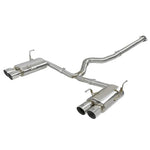aFe Takeda cat-back exhaust system with 304 stainless steel tubing, dual mufflers, and quad polished tips.