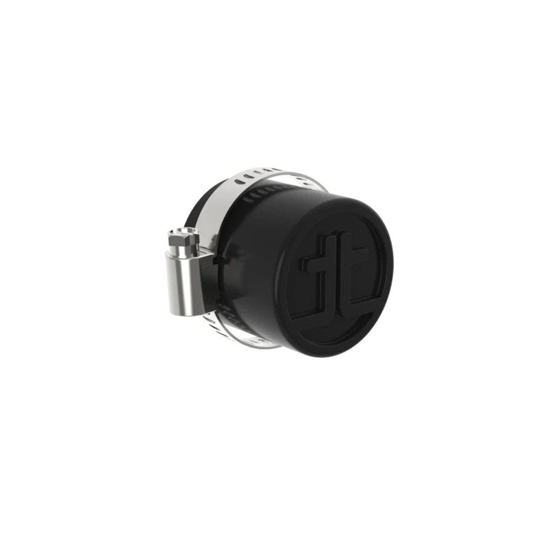Black 1-inch silicone cap with a stainless steel worm gear clamp for automotive intake systems.