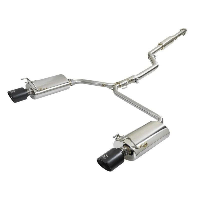aFe Takeda 304 stainless steel dual cat-back exhaust system with black oval tips and high-flow mufflers.