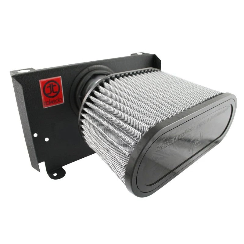 Polished aluminum aFe Takeda Stage-2 cold air intake system for Mazda RX-8 with oil-free Pro DRY S air filter.