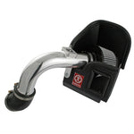 Polished aluminum aFe Takeda Stage-2 intake system with a blue oil-free Pro DRY S air filter for Mitsubishi Lancer.