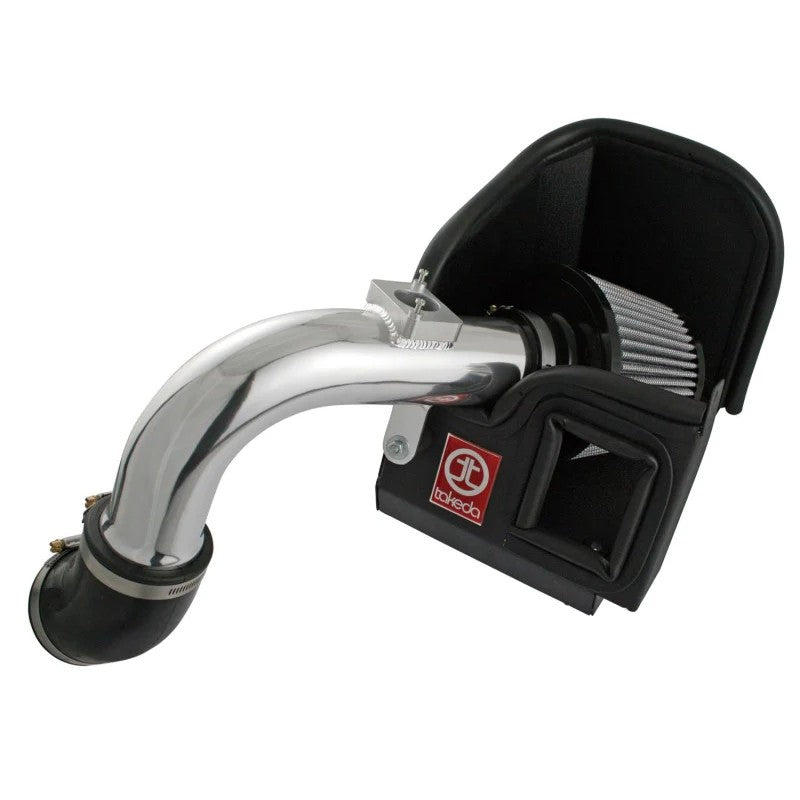 Polished aluminum aFe Takeda Stage-2 intake system with a blue oil-free Pro DRY S air filter for Mitsubishi Lancer.