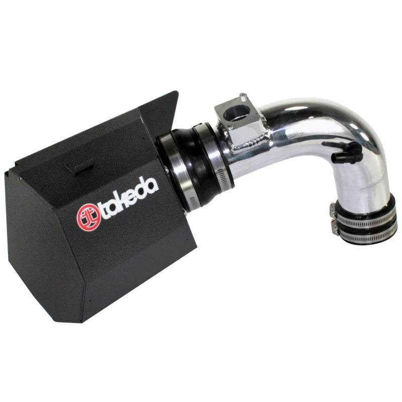 Polished aluminum aFe Takeda Stage-2 cold air intake system with a Pro DRY S air filter for Mitsubishi Lancer.