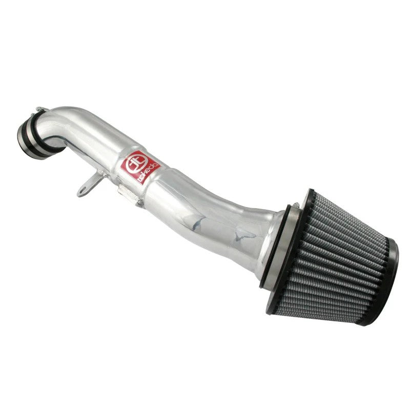Polished aFe Takeda Stage-2 cold air intake system with blue Pro DRY S air filter and silicone couplers.