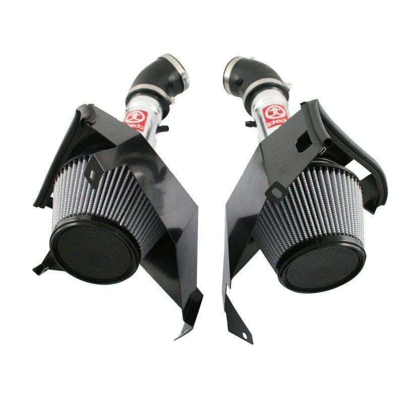Dual polished aluminum Takeda Stage-2 intake tubes with blue Pro DRY S cone filters for 2007-2008 Nissan 350Z.