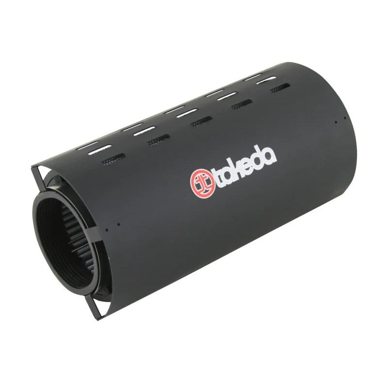 Satin black powder-coated aFe Takeda intake splash shield with directional air slots for Infiniti G35, G37, and Q60.
