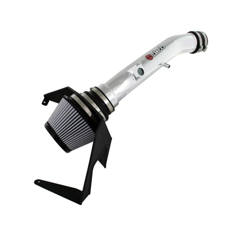 aFe Takeda Stage-2 cold air intake with polished aluminum tubing and a Pro DRY S oil-free air filter.