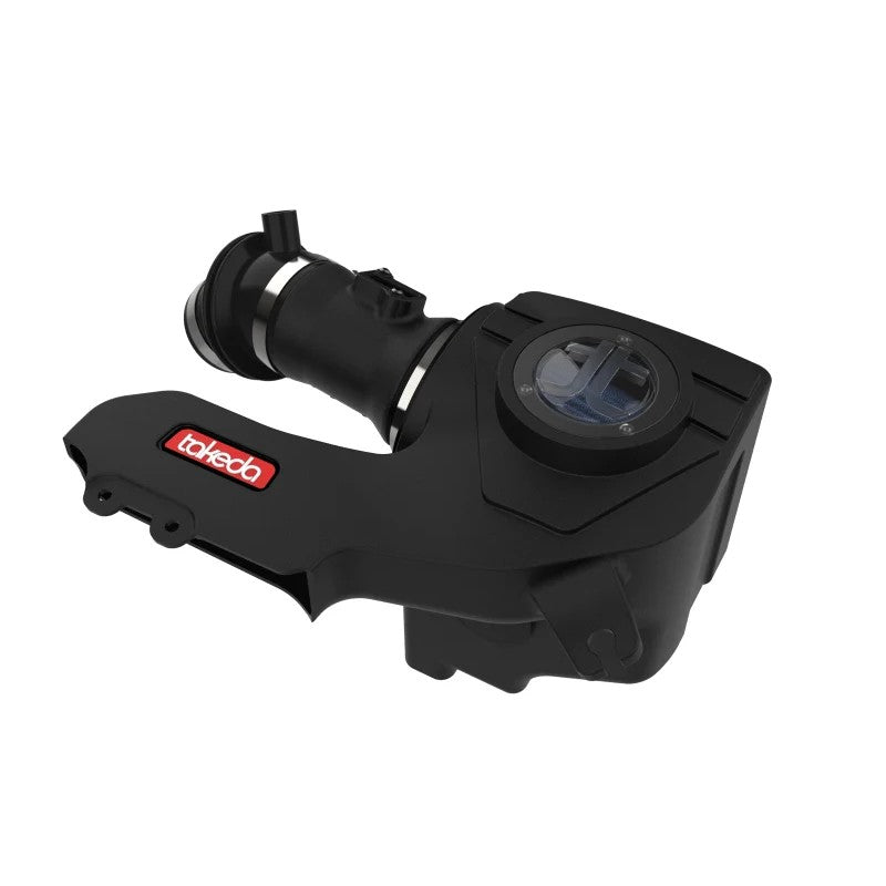 aFe Takeda Momentum Pro 5R cold air intake featuring black XLPE housing, clear sight window, and blue conical air filter.