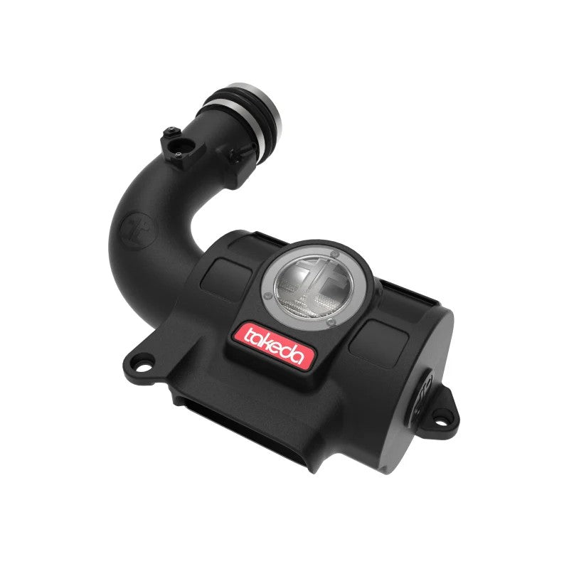 aFe Takeda Momentum cold air intake system featuring a black XLPE housing, clear inspection window, and Pro DRY S filter.