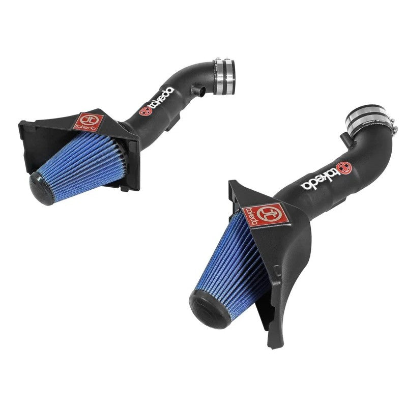 aFe Takeda Stage-2 intake system with blue Pro 5R filters and black powder-coated heat shield for 2014-2015 Infiniti Q50