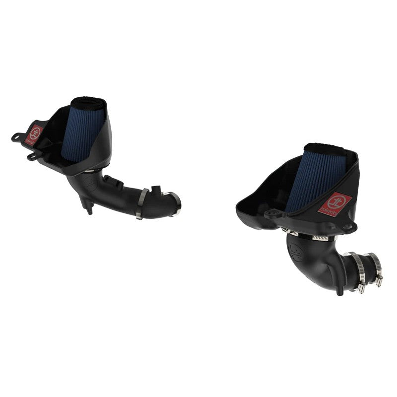 aFe Takeda Stage-2 cold air intake with dual blue Pro 5R filters and black XLPE housings for Infiniti Q50/Q60.