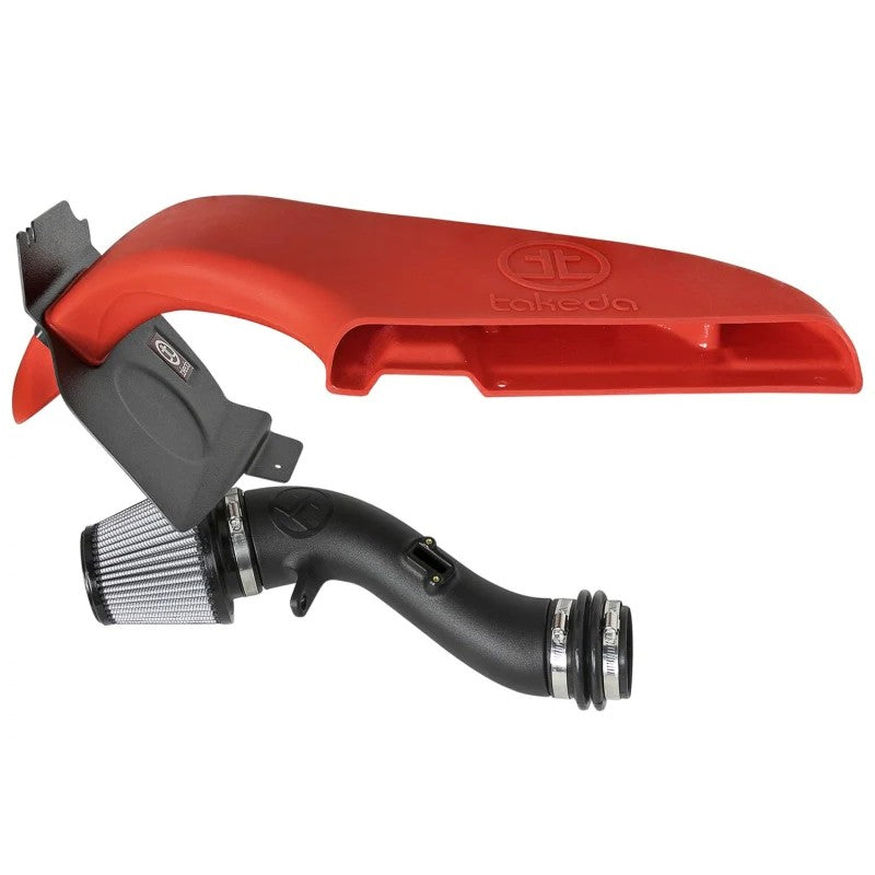 aFe Takeda Stage-2 intake system with red XLPE scoop and black mandrel-bent tube for 2015-2021 Subaru WRX.