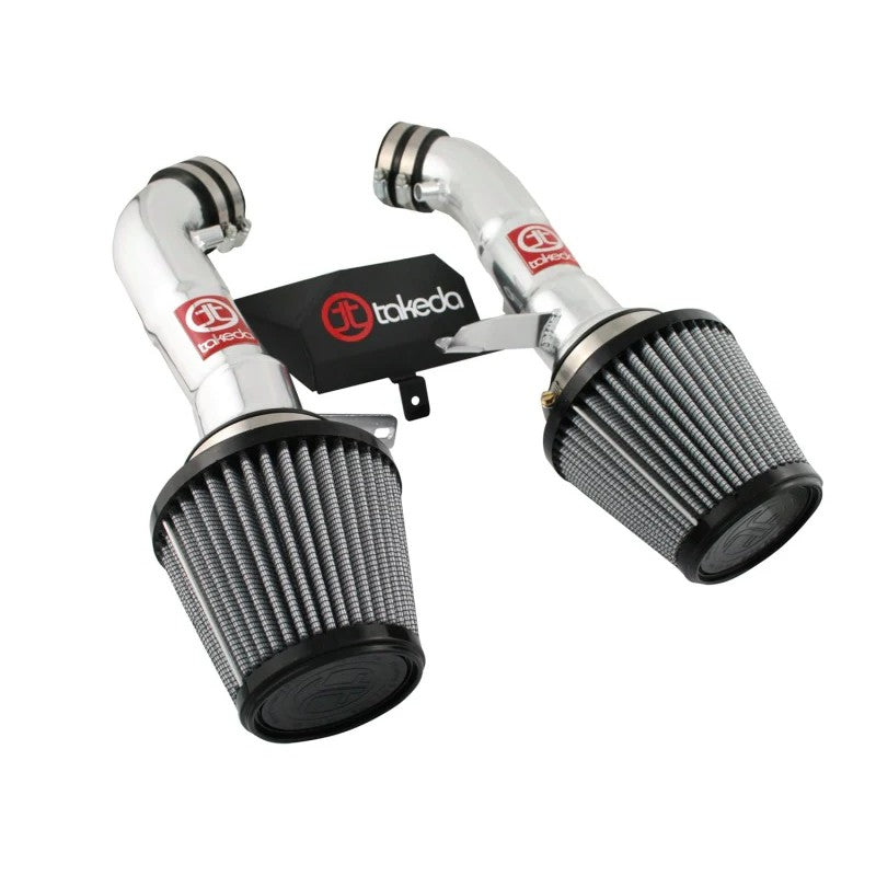 aFe Takeda Stage-2 cold air intake system featuring dual polished aluminum tubes and oil-free Pro DRY S air filters.