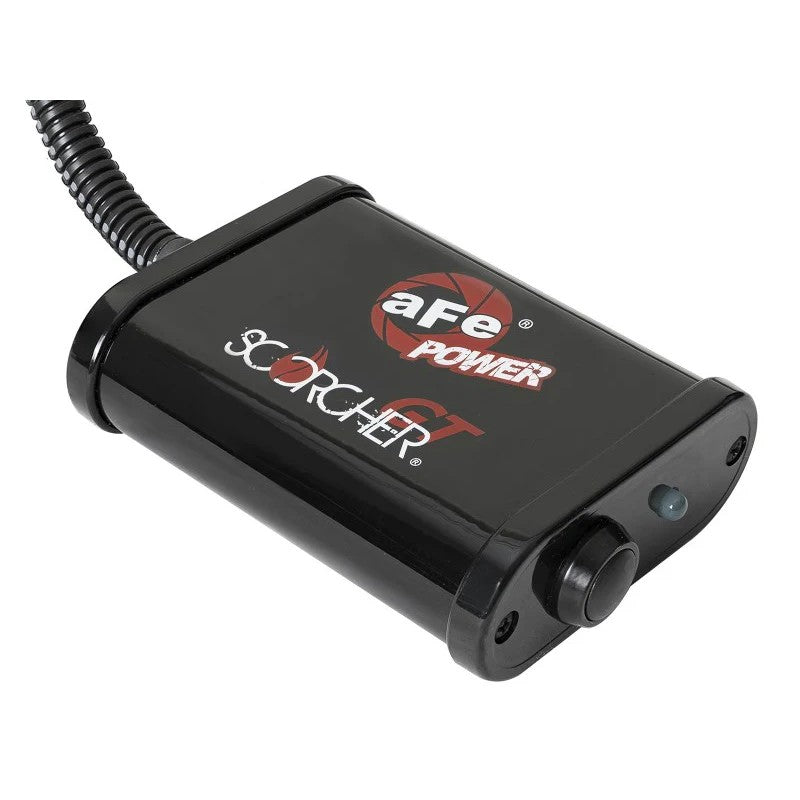 Black powder-coated aFe SCORCHER GT power module with plug-and-play wiring harness and factory-style connectors.