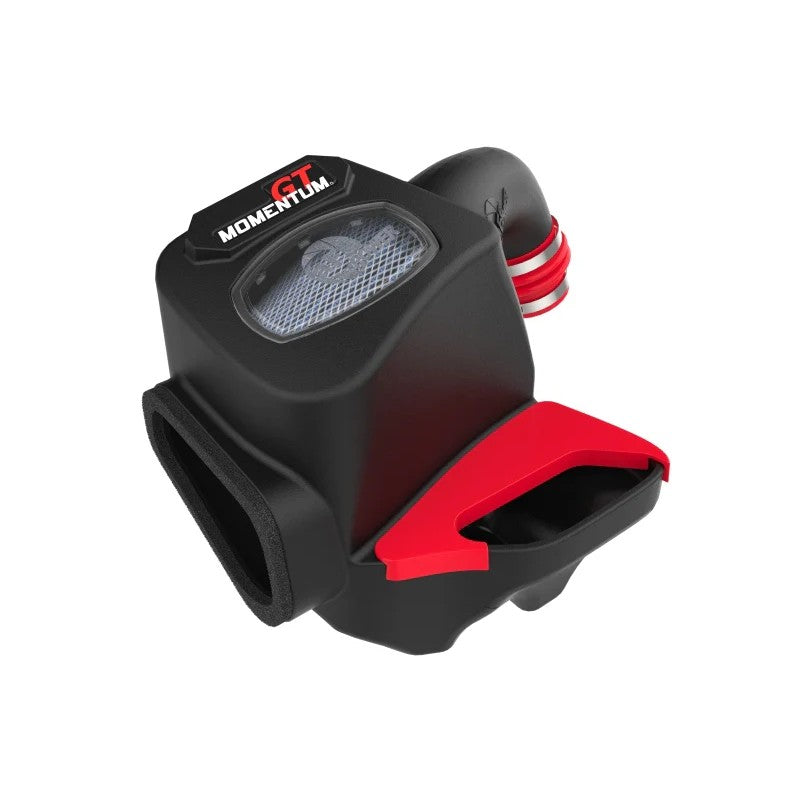 aFe POWER Momentum GT cold air intake system with XLPE housing, clear sight window, and red silicone coupler for TRD Pro.