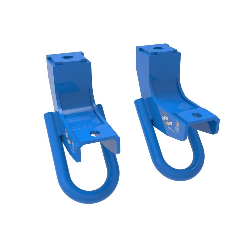 A pair of blue powder-coated aFe POWER steel front tow loops with black mounting brackets for Toyota Tundra and Sequoia.