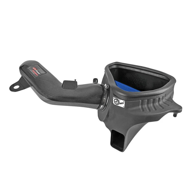 aFe Power Track Series air intake with clear-coated carbon fiber tube and blue Pro 5R cone filter in black XLPE housing.