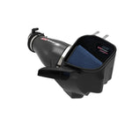 aFe Track Series cold air intake with gloss carbon fiber tube, black XLPE housing, and blue conical Pro 5R air filter.