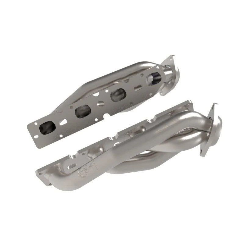 aFe Twisted Steel ceramic-coated 1-5/8 inch stainless steel shorty headers with laser-cut flanges for 5.7L Hemi engines.