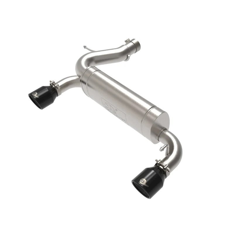 aFe Vulcan 304 stainless steel axle-back exhaust system with dual 4-inch black clamp-on tips and MIG-welded muffler.