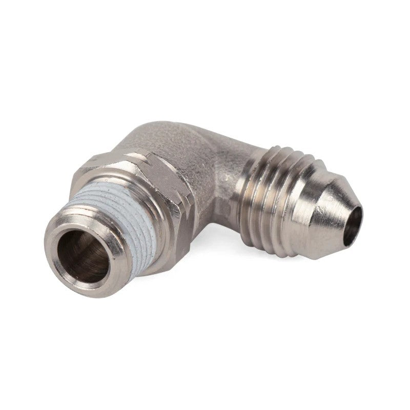 Metallic Air Lift -4AN to 1/8 MNPT 90-degree swivel elbow fitting for air suspension components.