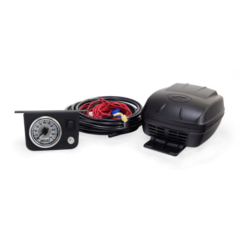 Air Lift 25804 160 PSI air shock control system including dash-mount gauge, air compressor, and installation hardware