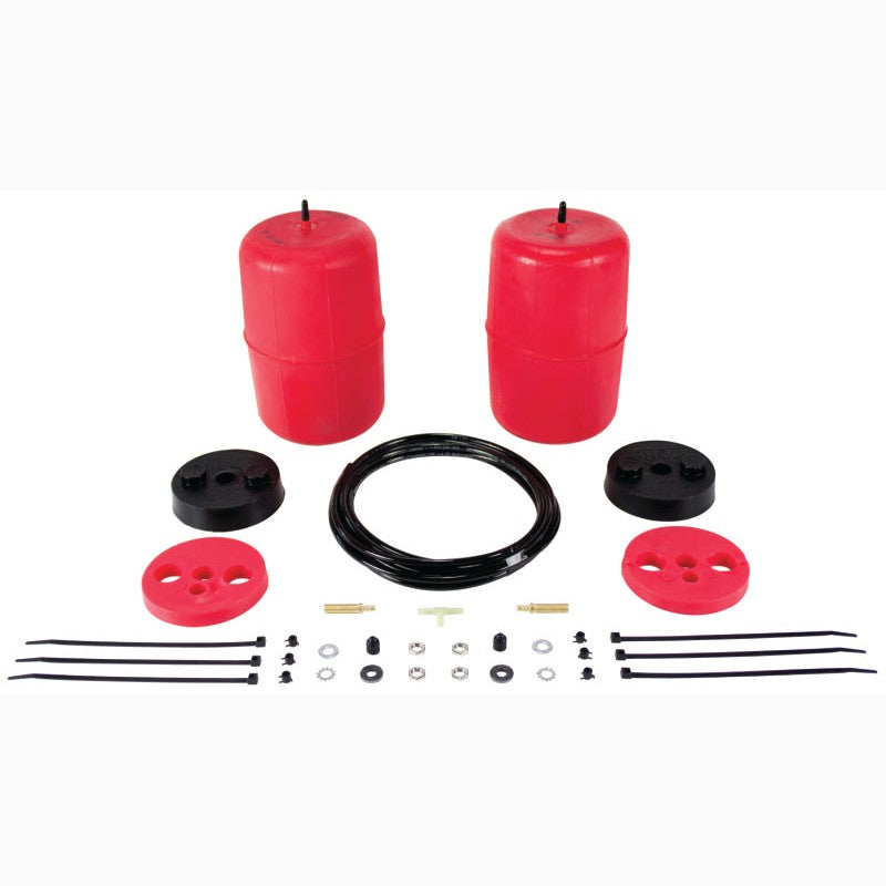 Two red polyurethane Air Lift 1000 air springs with air lines and installation hardware for Toyota Sequoia.