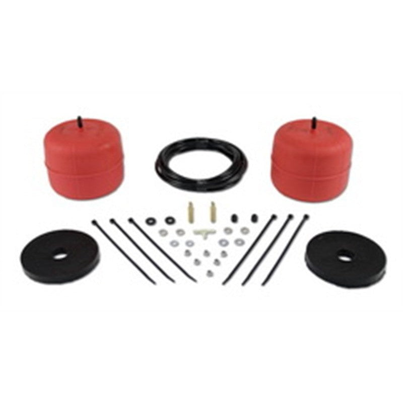 Pair of red molded polyurethane Air Lift 1000 air springs with black air lines and installation hardware.