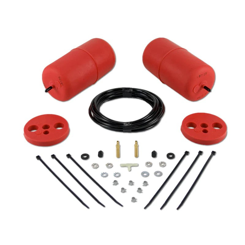 Air Lift 1000 series red molded polyurethane air springs with air lines and installation hardware.