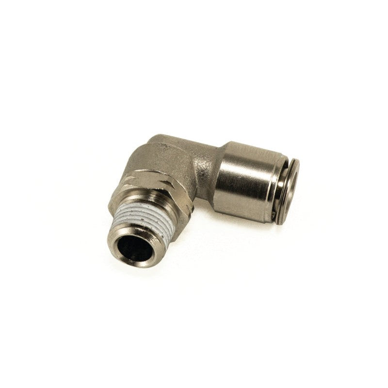 Nickel-plated Air Lift 21837 90-degree swivel elbow fitting with 1/8 inch NPT threads and 1/4 inch push-to-connect port.