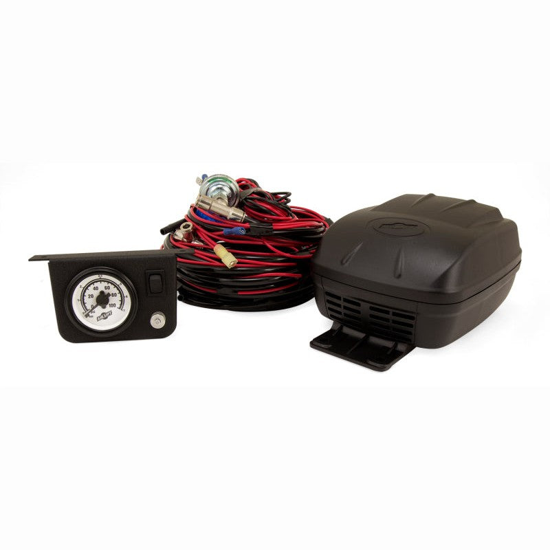 Air Lift LoadController II single path air compressor system with dash gauge, compressor, and wiring harness.