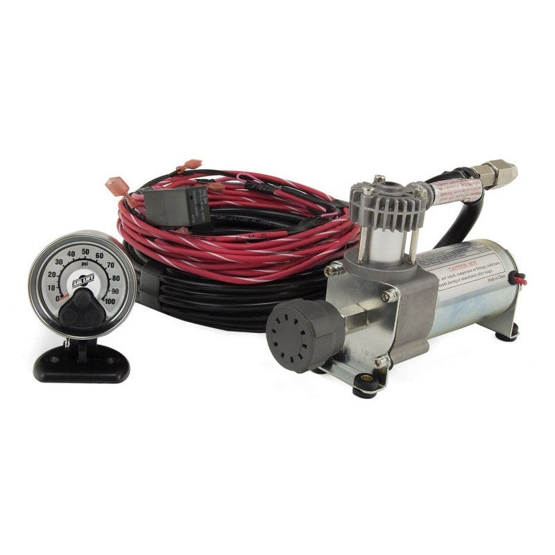 Air Lift LoadController heavy duty compressor kit with single path analog gauge and wiring harness.