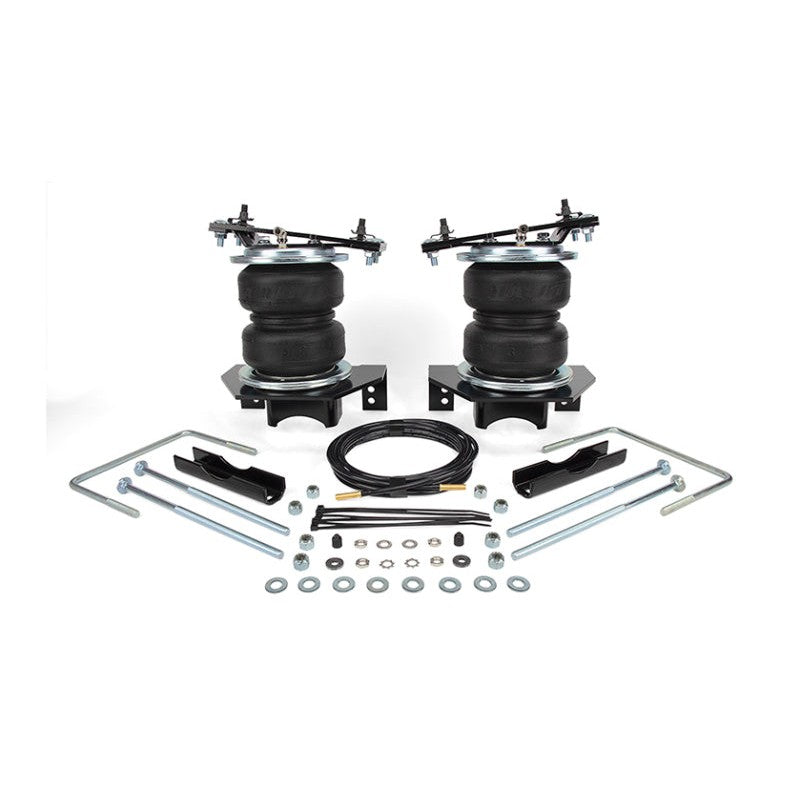 Air Lift LoadLifter 5000 air spring kit showing 2-ply bellows, roll plates, and mounting brackets for Ford F-350 Super Duty.