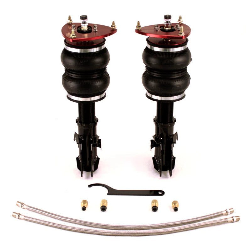 Air Lift Performance front air struts with double bellows springs and red anodized camber plates for 2008-2014 Subaru Impreza