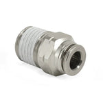 Air Lift straight male connector with 1/4 inch NPT thread and 1/4 inch tube fitting.