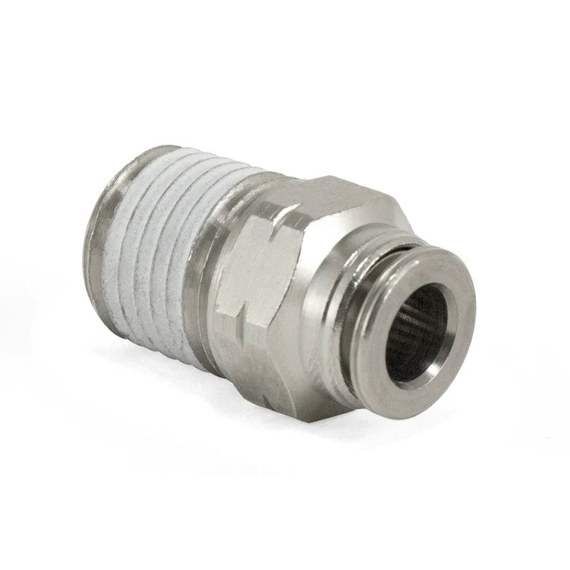 Air Lift straight male connector with 1/4 inch NPT thread and 1/4 inch tube fitting.