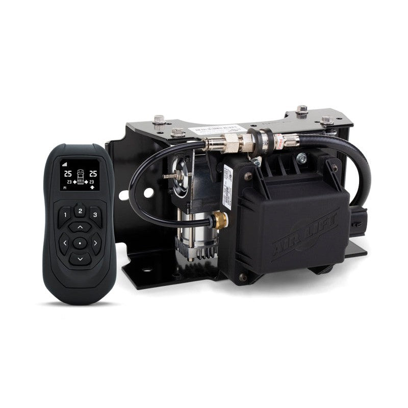 Air Lift 74000EZ WirelessAir V2 system featuring the pre-assembled EZ Mount bracket, compressor, and wireless handheld remote.
