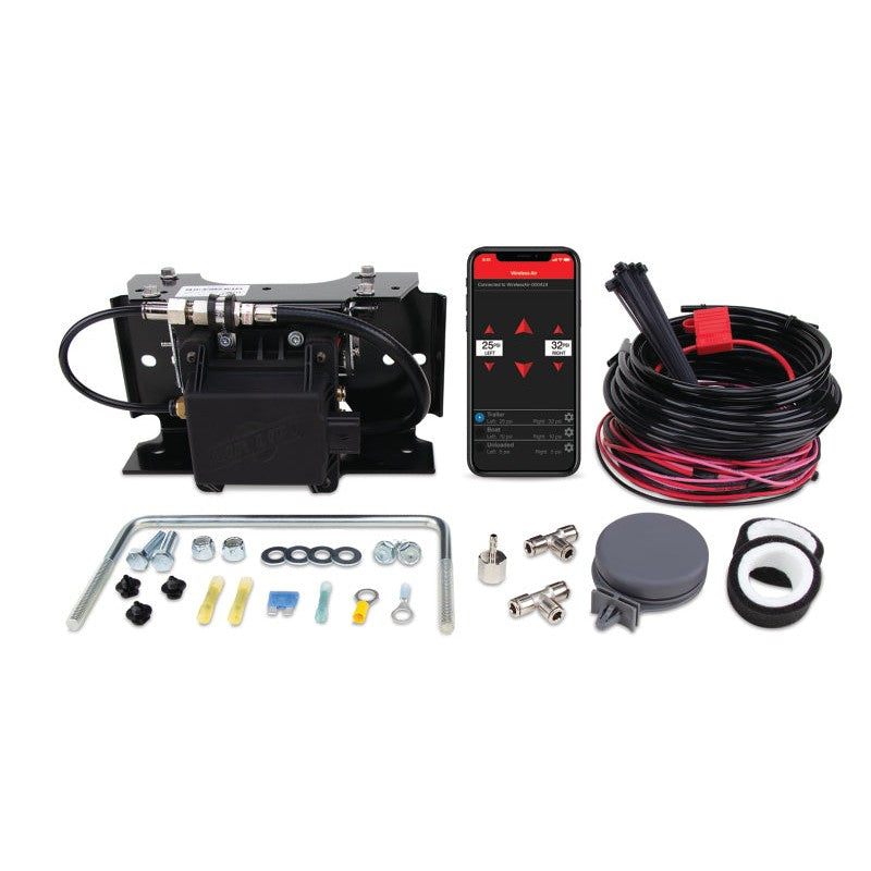 Air Lift WirelessAIR 73000EZ air compressor and manifold pre-assembled on a black EZ Mount bracket.