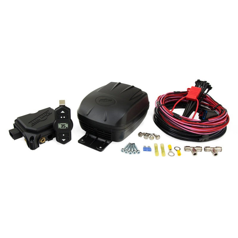 Air Lift WirelessOne 2nd Generation kit including air compressor, single-path manifold, and handheld controller.