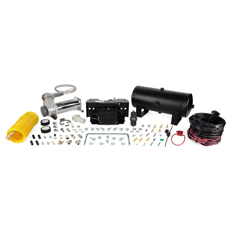 Air Lift 25981EZ WirelessOne kit featuring 2-gallon black air tank, 444c compressor, and pre-assembled EZ Mount bracket.