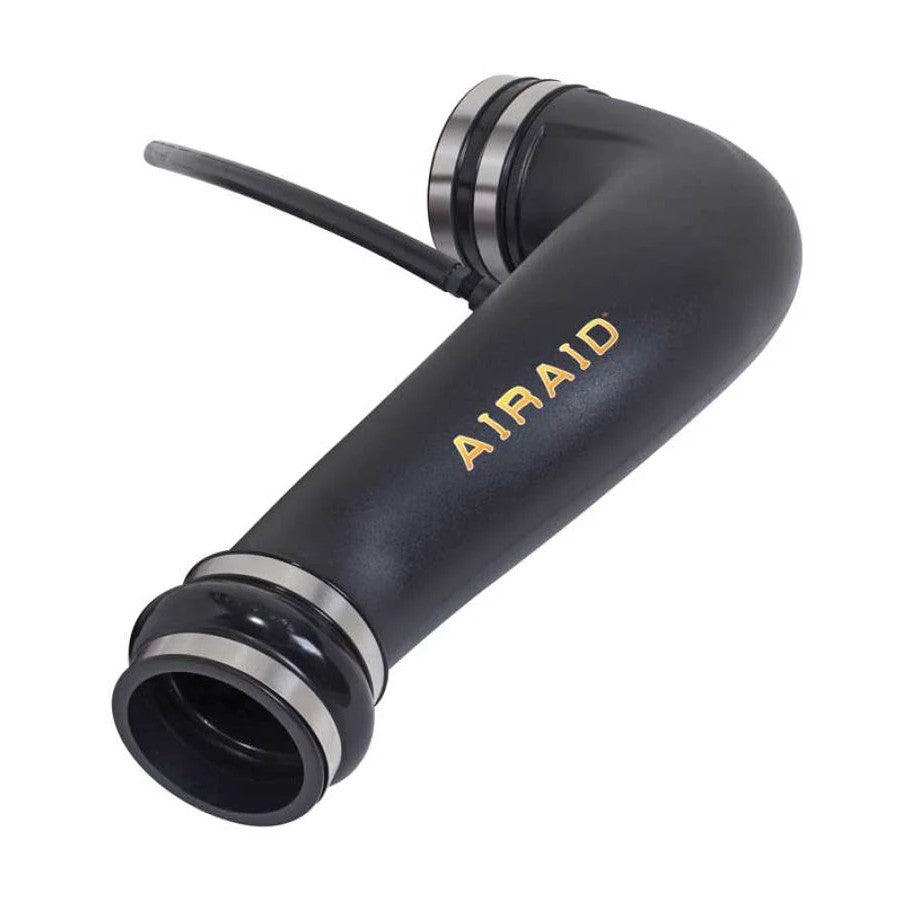 Airaid black high-density polyethylene modular intake tube with blue silicone couplers and stainless steel clamps.