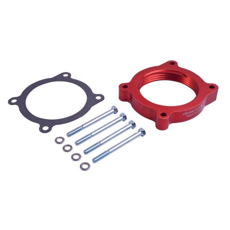 Airaid PowerAid throttle body spacer with Helix Bore interior and mounting hardware for Ford 5.0L engines.