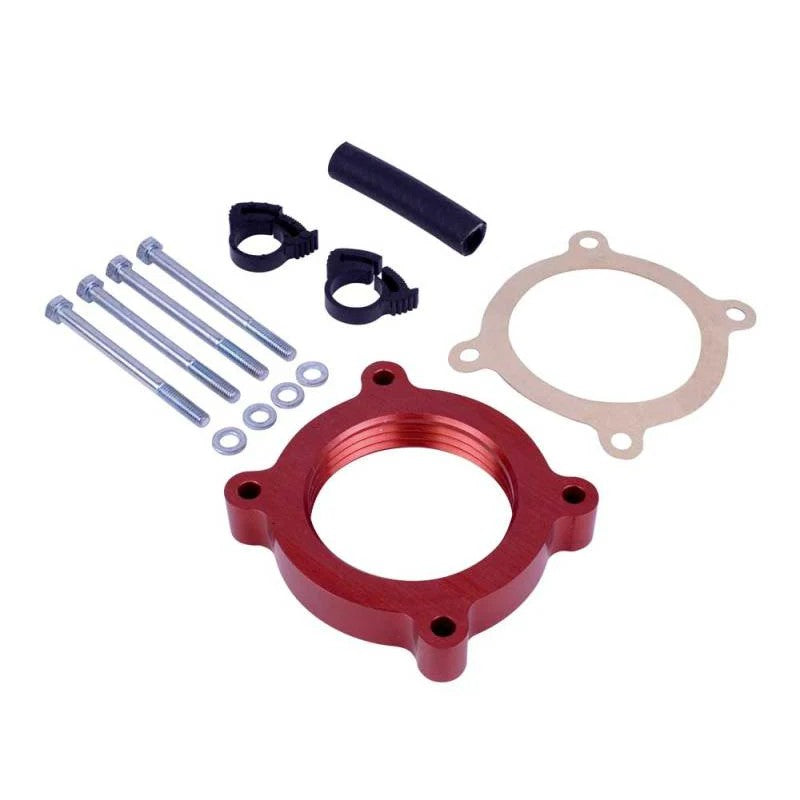 Airaid PowerAid Helix Bore throttle body spacer with mounting hardware for 2011-2014 Ford 3.7L V6 engines.