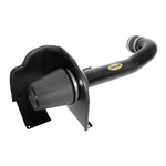 Airaid MCAD air intake system featuring a black powder-coated aluminum tube and a red SYNTHAMAX synthetic dry air filter.